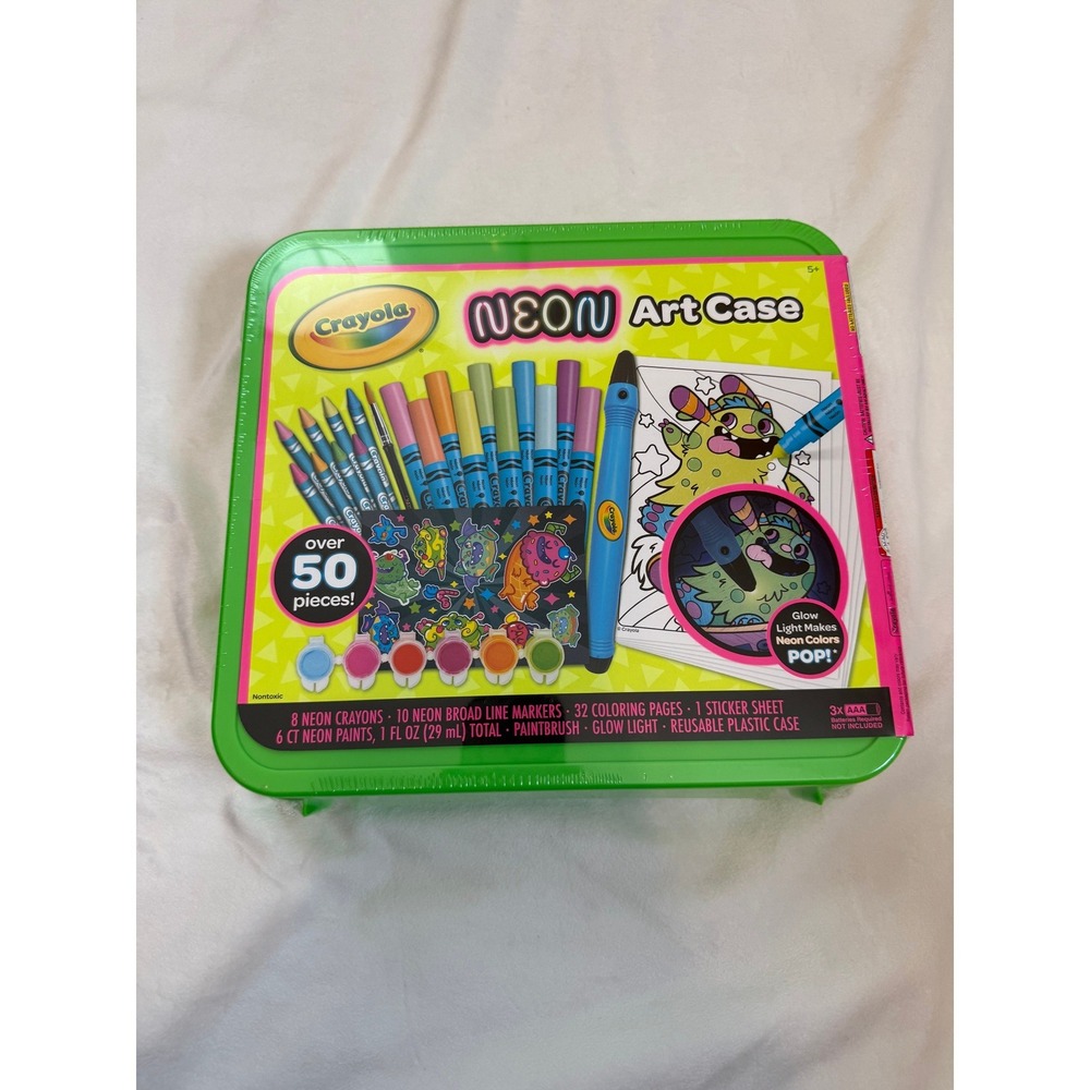 Crayola Neon Art Case 50+ Pieces Markers Crayons Paint Glow Light Green Tin NEW